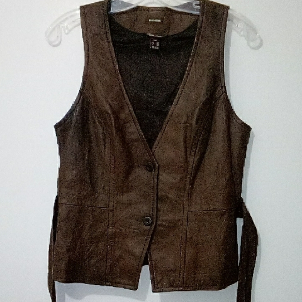 Danier Vintage Dark Brown Leather Button Up Vest with Side Ties